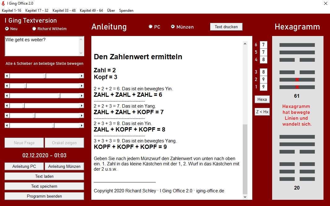 I Ging Office 2.0 Münzen werfen Anleitung